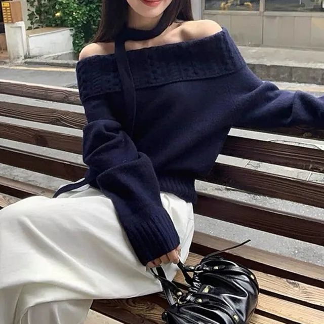 【Uicy】韓版氣質一字領針織上衣 長袖上衣 長袖t恤 衣服 女裝 W620