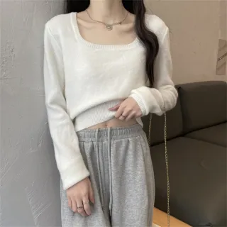 【Uicy】韓版氣質顯瘦方領針織上衣 長袖上衣長袖t恤衣服女 W394