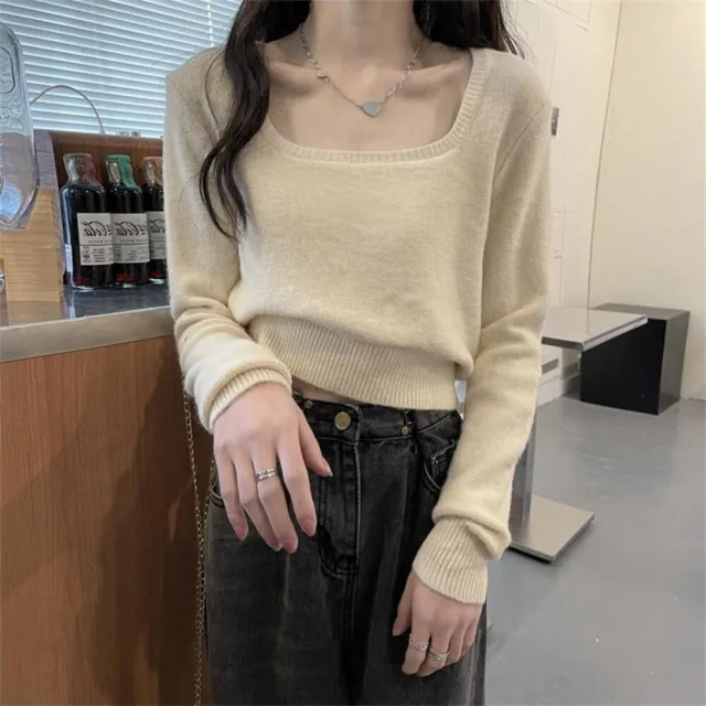 【Uicy】韓版氣質顯瘦方領針織上衣 長袖上衣長袖t恤衣服女 W394