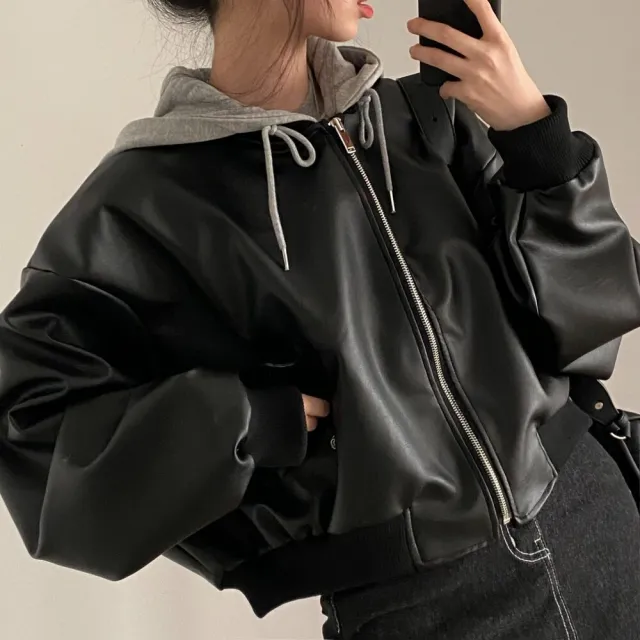 【Uicy】韓版復古寬鬆假兩件皮衣外套 外套防曬外套女裝上 J375