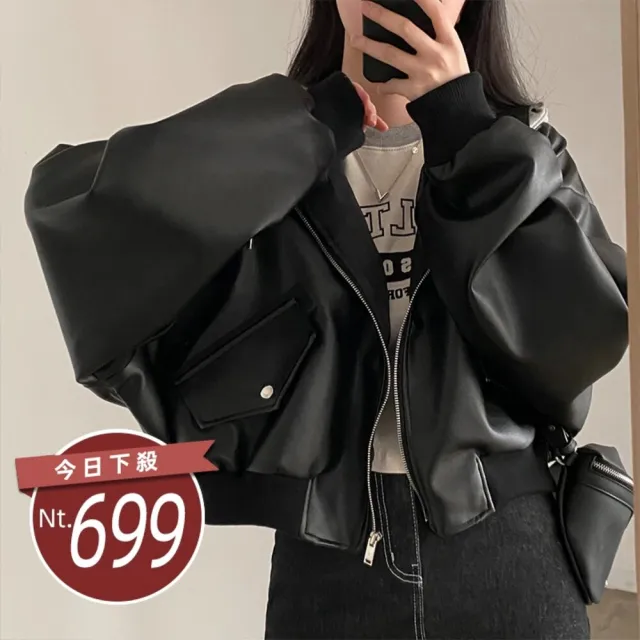 【Uicy】韓版復古寬鬆假兩件皮衣外套 外套防曬外套女裝上 J375