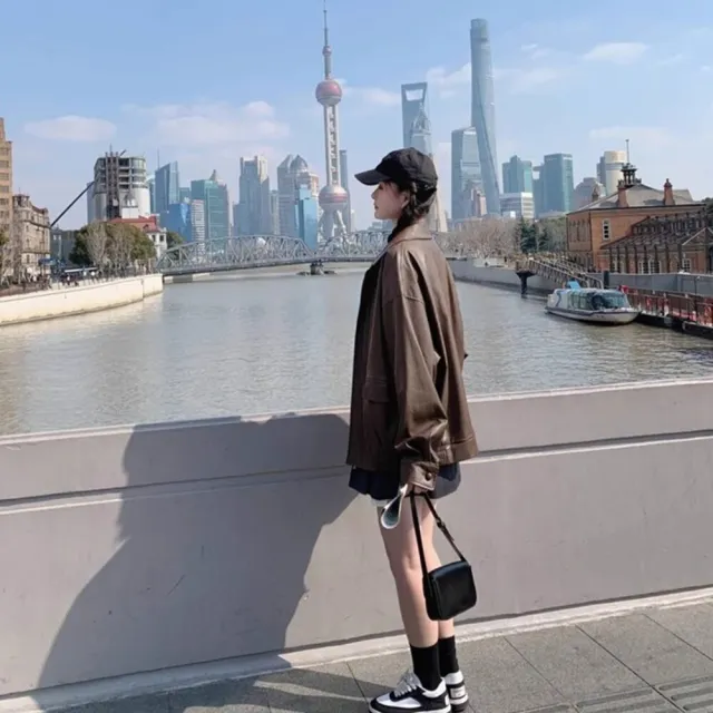 【Uicy】韓版美式寬鬆復古咖色皮衣外套 外套防曬外套女裝 J382