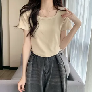 【Uicy】韓版修身顯瘦弧形下擺短版上衣 衣服女裝t恤短袖t恤 T598