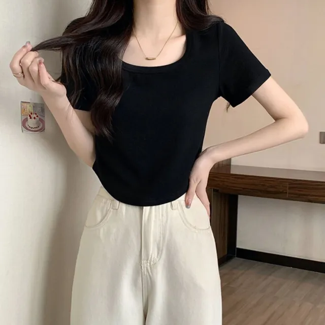 【Uicy】韓版修身顯瘦弧形下擺短版上衣 衣服女裝t恤短袖t恤 T598