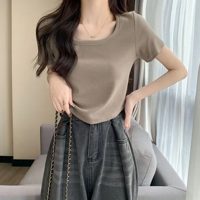 【Uicy】韓版修身顯瘦弧形下擺短版上衣 衣服女裝t恤短袖t恤 T598