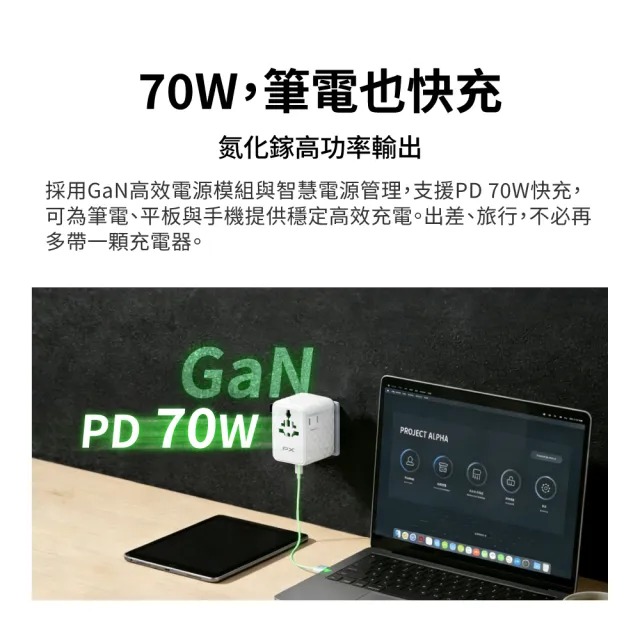 【PX 大通】-70W瓦 氮化鎵 萬國充 萬國充電頭 萬國轉接頭 Type C USB 旅行插座 韓國歐洲澳洲 (WTA-7022W/B)