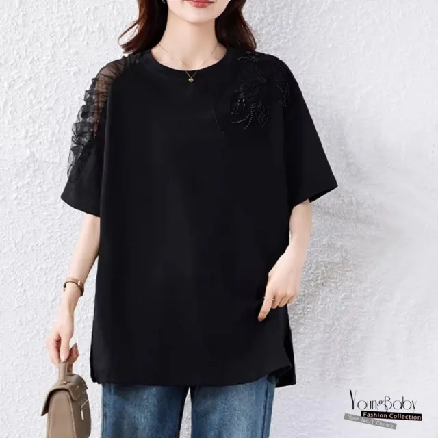 【YOUNGBABY】圓領網紗釘珠花朵蝴蝶結天絲混紡上衣 中大尺碼女裝