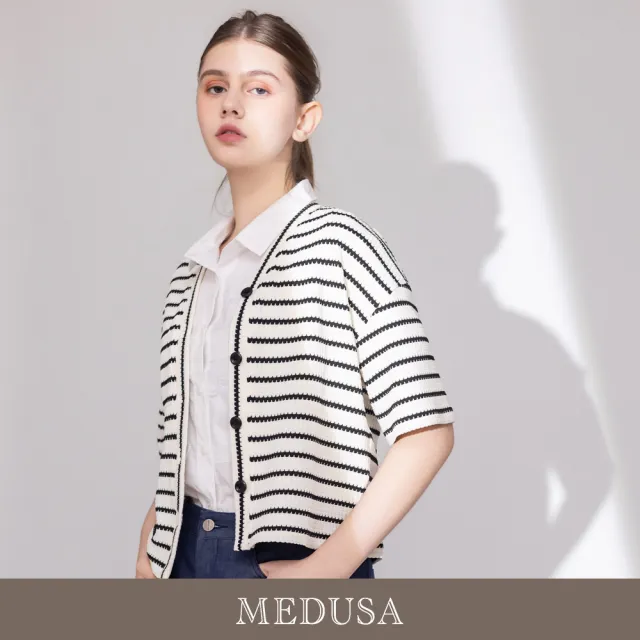 【MEDUSA 曼度莎】現貨-小波紋條紋針織開襟上衣(M-XL)|開襟上衣 針織上衣 罩衫外套