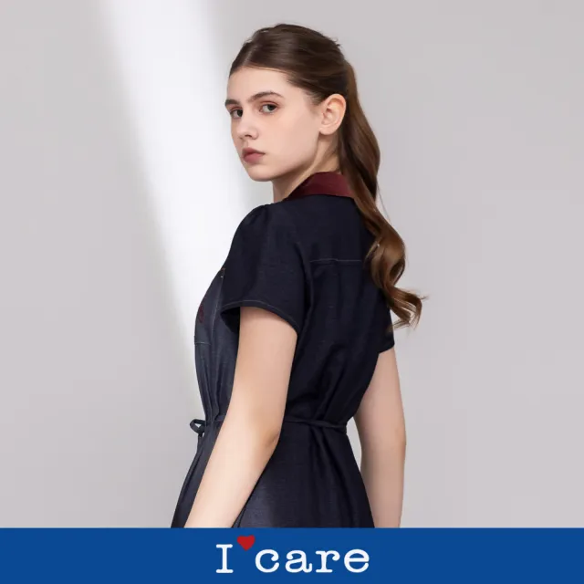 【I’Care 依卡】現貨-氣質撞色優雅收腰棉洋裝（M-L）｜棉洋裝 撞色洋裝 女休閒洋裝