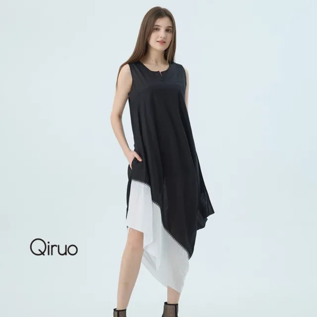 【Qiruo 奇若名品】春夏專櫃精品無袖休閒洋裝2490F 黑白斜設計