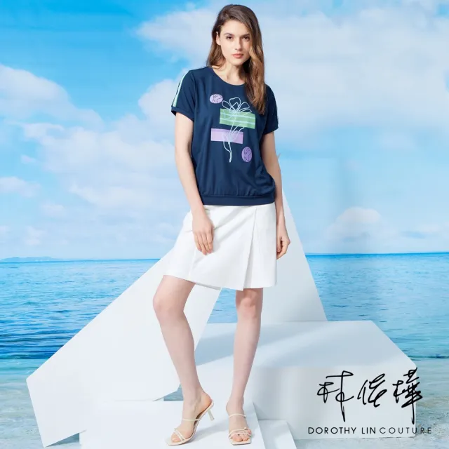 【LUNG.L 林佳樺】Y864A 深藍色幾何藝術印花短袖女裝T恤