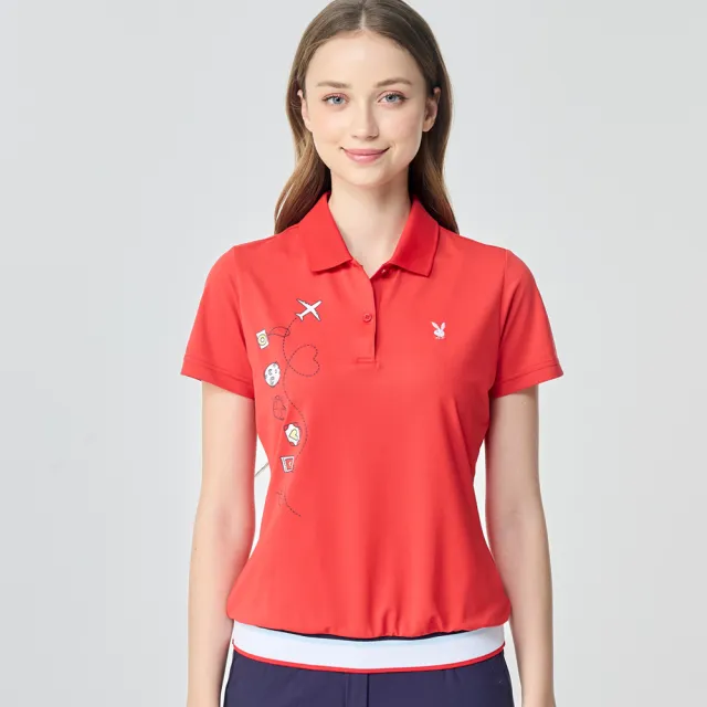 【PLAYBOY GOLF】女款旅行郵戳抗UV短袖POLO衫-紅(吸濕排汗/高爾夫球衫/KA26112-18)