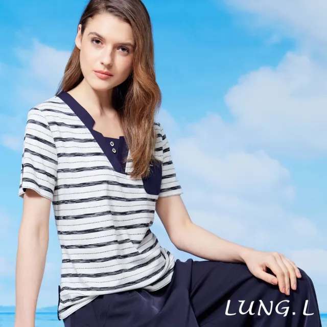 【LUNG.L 林佳樺】LW03A 白色配藍條造型V領短袖女裝上衣