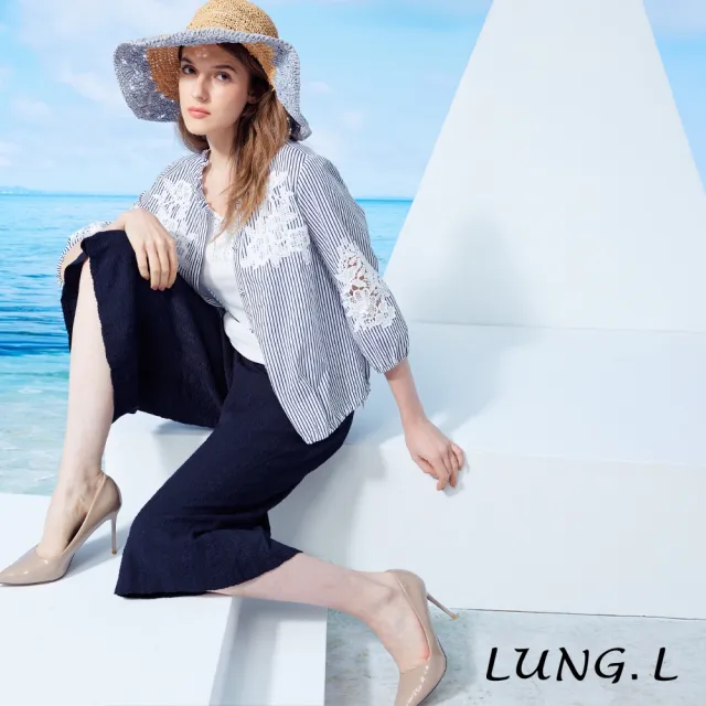 【LUNG.L 林佳樺】LW50A 藍白條紋拼接蕾絲七分袖女裝上衣(罩衫)