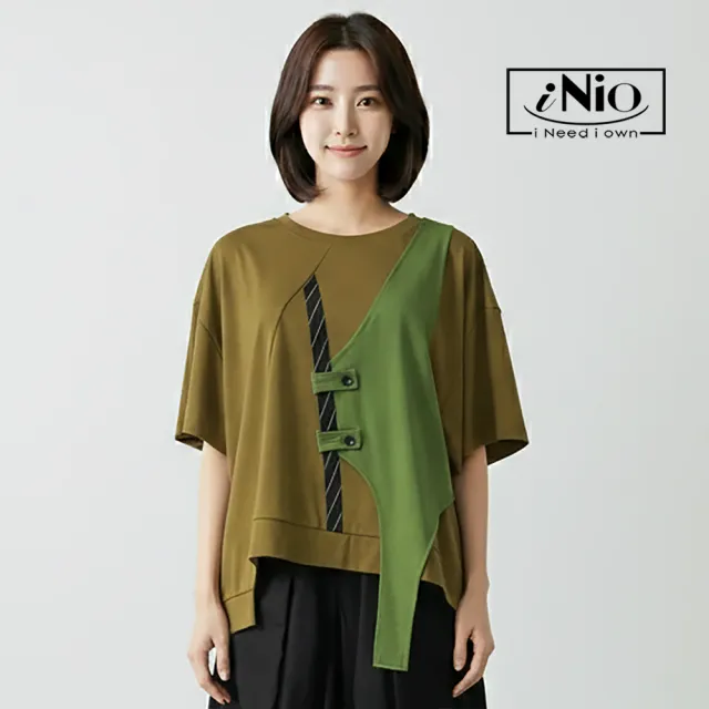 【iNio 衣著美學】撞色拼接個性風短袖上衣 立體拼接 不對稱下襬 輕落肩圓領短袖棉T CHW1027