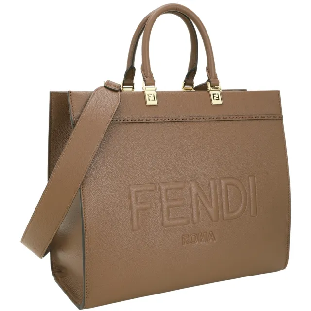 【FENDI 芬迪】Sunshine 牛皮浮雕字母提柄兩用托特包-M 棕色