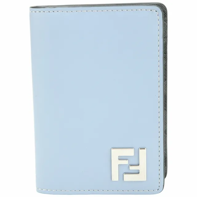 【FENDI 芬迪】FF Squared 老花帆布拼小牛皮卡片夾-水藍x深灰