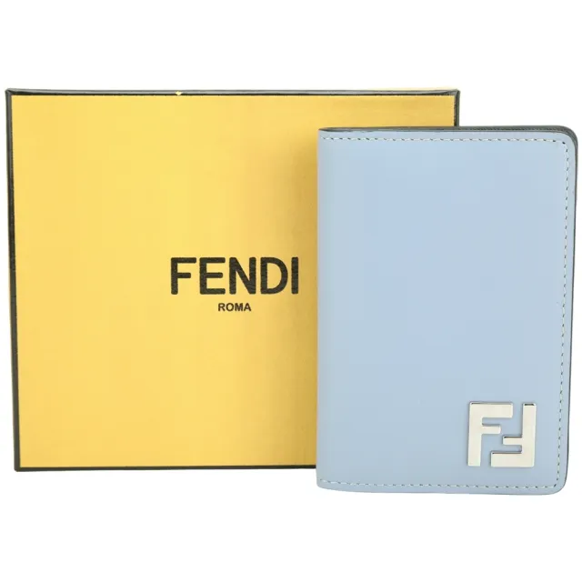 【FENDI 芬迪】FF Squared 老花帆布拼小牛皮卡片夾-水藍x深灰