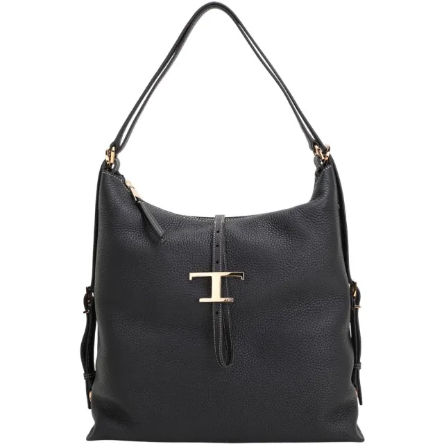 【TOD’S】TODS Timeless 中型 T字釦帶 荔紋小牛皮兩用肩背 後背包-黑色(義大利手工皮革)