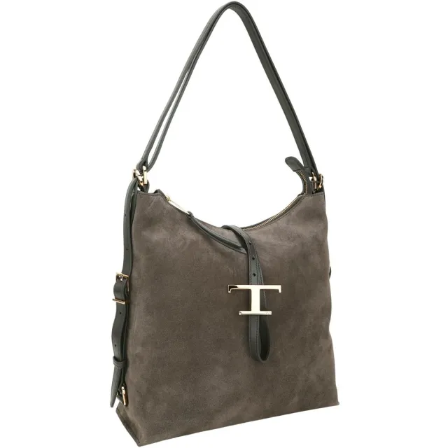 【TOD’S】TODS Timeless 小型 T字釦帶 麂皮拼牛皮兩用肩背 後背包-咖啡色(義大利手工皮革)