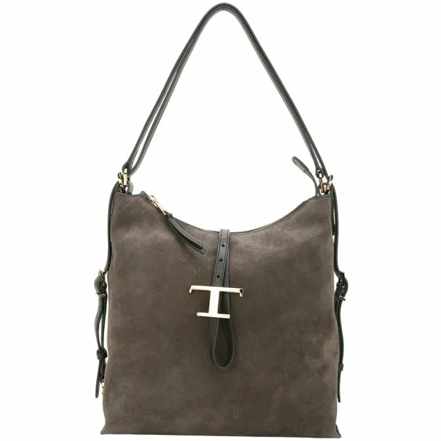 【TOD’S】TODS Timeless 小型 T字釦帶 麂皮拼牛皮兩用肩背 後背包-咖啡色(義大利手工皮革)