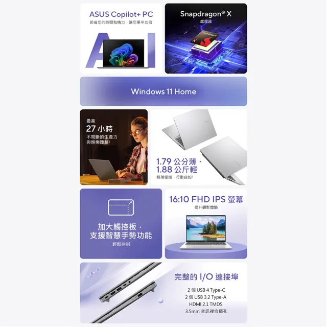 【ASUS 華碩】16吋AI筆電(VivoBook X1607QA/Snapdragon X/16G/512GB SSD/W11)