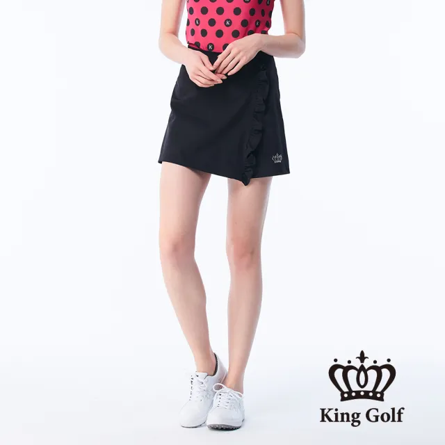 【KING GOLF】速達-網路限定款-女款皇冠燙鑽荷葉拼接修身A LINE短裙/高爾夫球裙-黑色