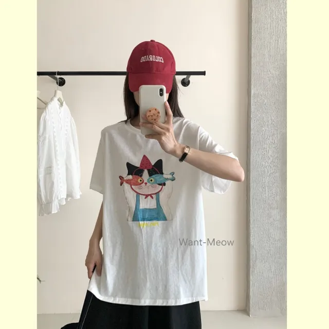 【Want-Meow】90公斤可穿/寬鬆可愛設計貓貓愛吃魚棉T大尺碼上衣大尺碼T恤大學T(大碼/大尺碼/加大碼)