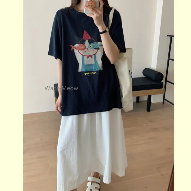 【Want-Meow】90公斤可穿/寬鬆可愛設計貓貓愛吃魚棉T大尺碼上衣大尺碼T恤大學T(大碼/大尺碼/加大碼)