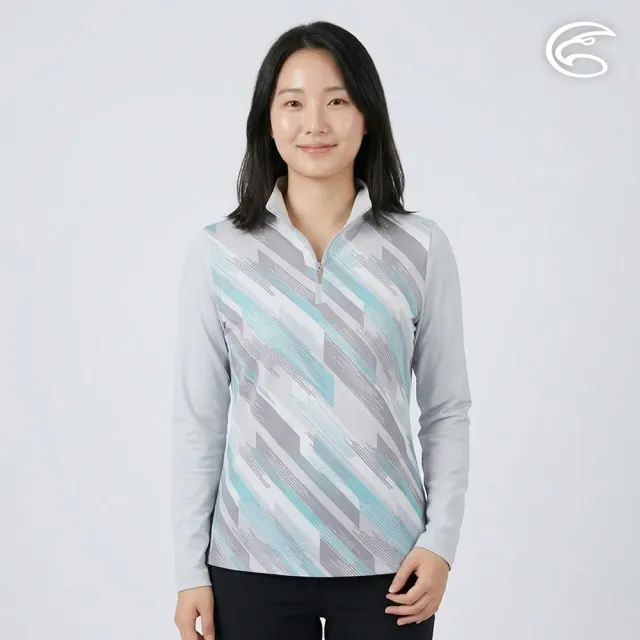 【ADISI】女UPF50+防曬抑菌半門襟長袖印花排汗衣AL2611010 冷灰 S-XL｜抗UV 吸濕排汗 防臭 彈性 排汗衣