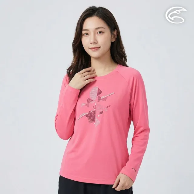 【ADISI】女UPF50+防曬抑菌圓領圖騰長袖排汗衣AL2611012 珊瑚紅 S-2XL|抗UV 吸濕排汗 防臭 彈性 上衣