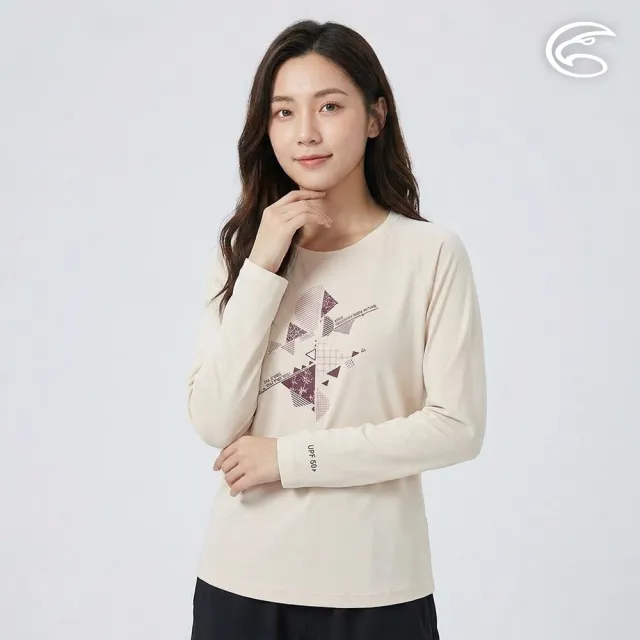 【ADISI】女UPF50+防曬抑菌圓領圖騰長袖排汗衣AL2611012 象牙白 S-XL｜抗UV 吸濕排汗 防臭 彈性 上衣
