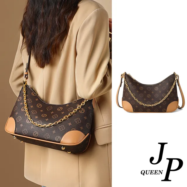 【Jpqueen】印花精品雙鍊金屬通勤斜背肩背包(咖啡色)