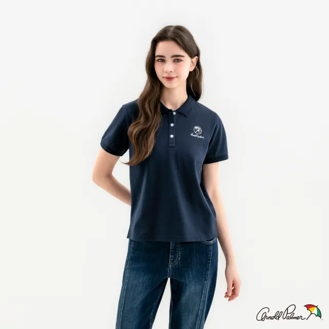 【Arnold Palmer 雨傘】女裝-BOXY小傘刺繡短袖POLO衫(深藍色)