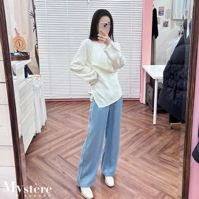 【my stere 我的時尚秘境】雙11 圍兜式綁帶假兩件薄款上衣 繞脖上衣 假兩件上衣 綁帶上衣
