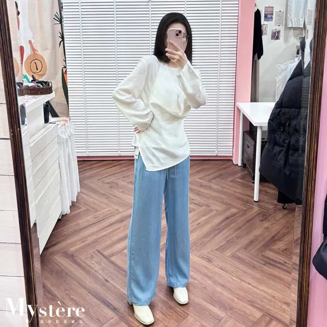 【my stere 我的時尚秘境】雙11 圍兜式綁帶假兩件薄款上衣 繞脖上衣 假兩件上衣 綁帶上衣