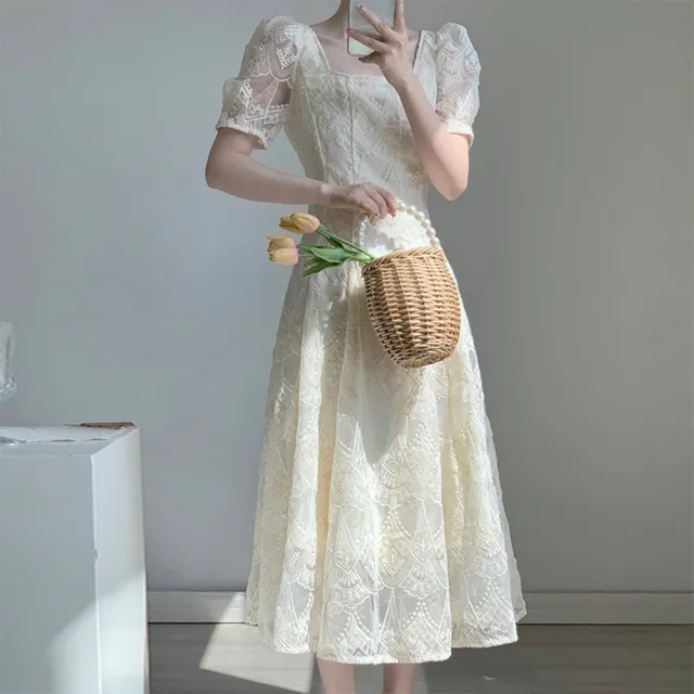 【米蘭精品】現貨限搶 洋裝連身長裙(法式溫柔風杏色刺繡歐根紗方領泡泡袖連衣女裙子74ef32)