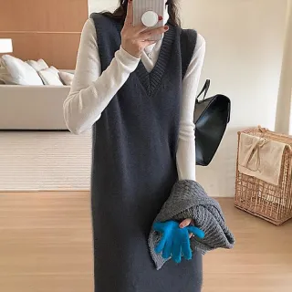 【Uicy】韓版長版V領針織背心 連身裙 吊帶裙 吊帶褲 女裝S374