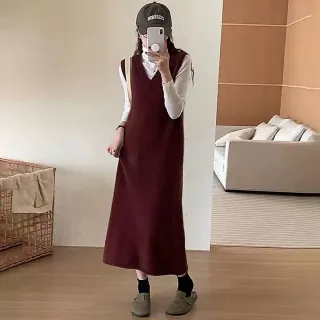 【Uicy】韓版長版V領針織背心 連身裙 吊帶裙 吊帶褲 女裝S374