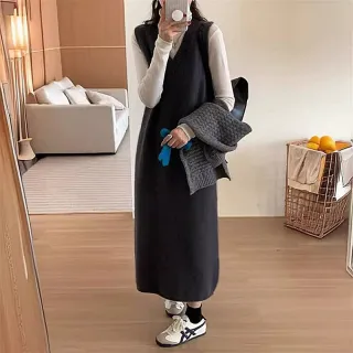 【Uicy】韓版長版V領針織背心 連身裙 吊帶裙 吊帶褲 女裝S374