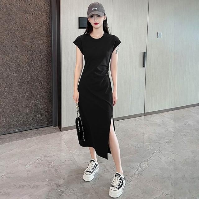 【Uicy】韓版顯瘦開叉長版短袖洋裝  連身裙 吊帶裙 吊帶褲 女T609