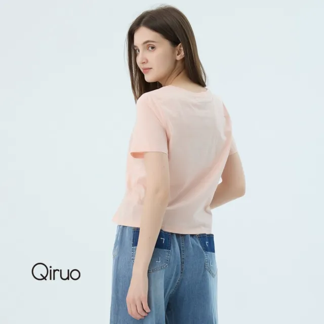 【Qiruo 奇若名品】專櫃精品粉色英文短袖上衣2531A  棉質女裝