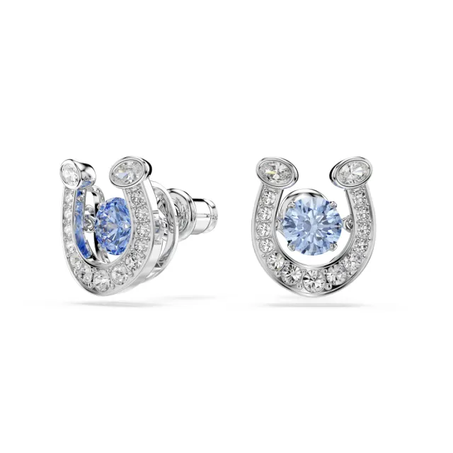 【SWAROVSKI 施華洛世奇】官方直營 Symbolica 馬蹄鐵 藍色耳釘 圓形切割 密鑲 鍍白金色 | 5746563
