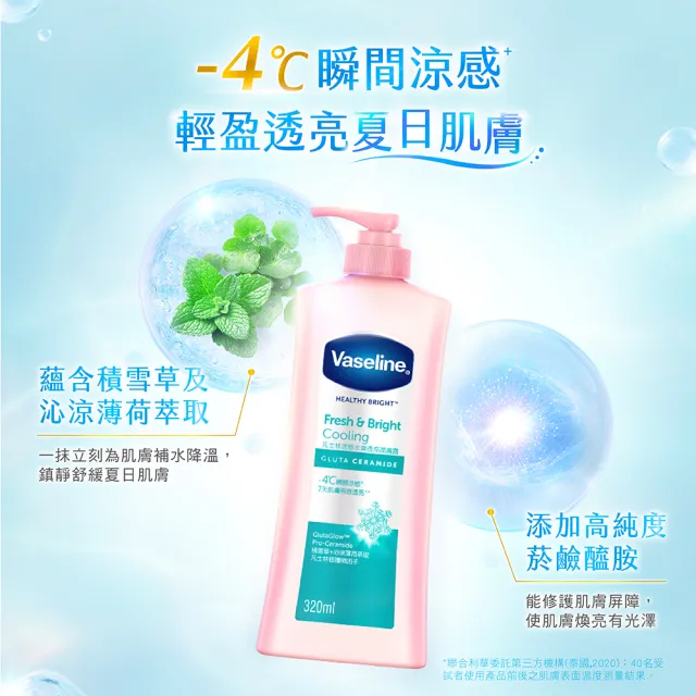 【Vaseline 凡士林】官方直營 透亮系列潤膚露320ml_2入組(十效彈潤/涼感水潤/SPF30透亮防曬 美白乳液)