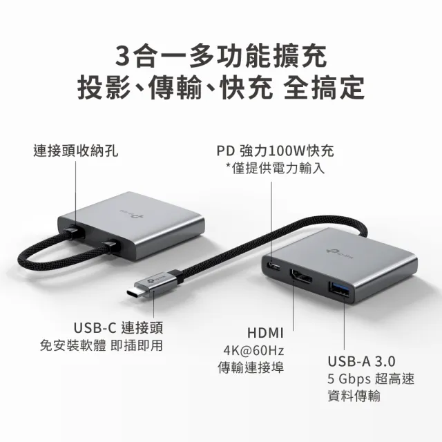 【TP-Link】UH3020C Type-C 3合1多功能轉接器 3埠HUB集線器 HDMI USB3.0 PD快充