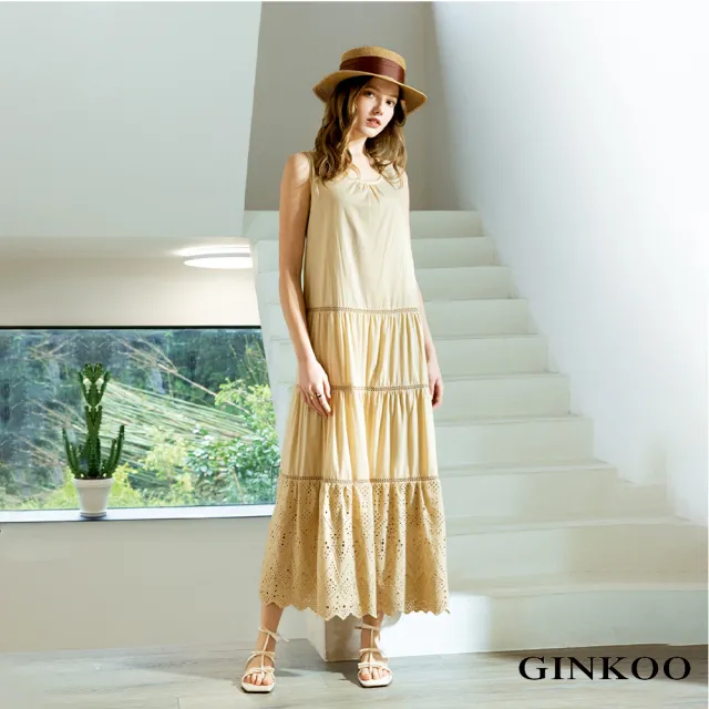 【GINKOO 俊克】渡假感舒適蕾絲花邊背心洋裝