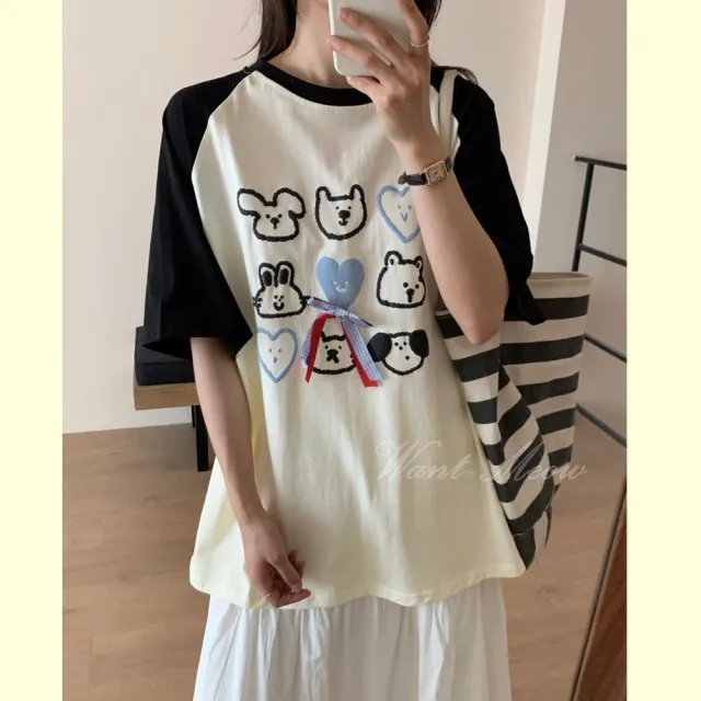 【Want-Meow】80公斤可穿/獨家短袖款立體娃娃插肩圖案寬鬆大學T上衣大碼T恤(大碼/大尺碼/加大碼)