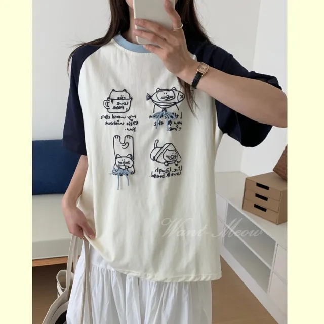 【Want-Meow】80公斤可穿/獨家短袖款立體娃娃插肩圖案寬鬆大學T上衣大碼T恤(大碼/大尺碼/加大碼)