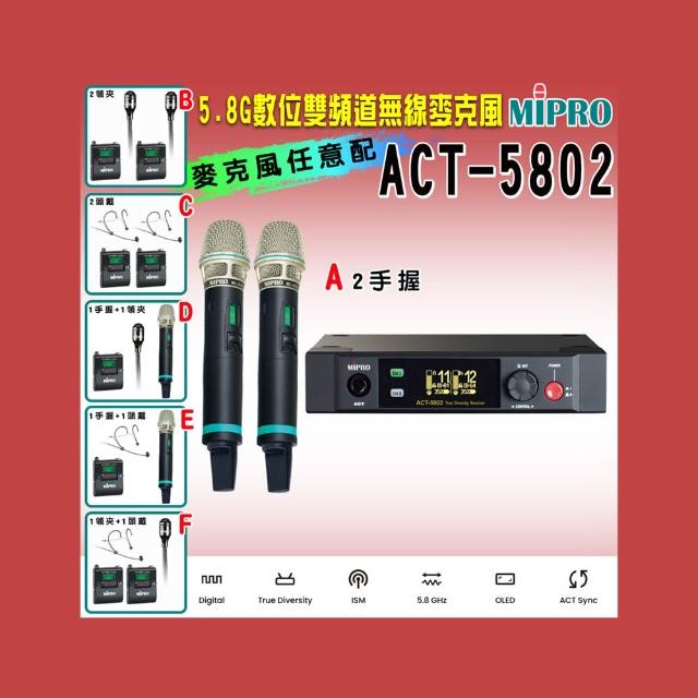 【MIPRO】ACT-5802 數位雙頻道無線麥克風5.8G(ACT-580H 配件六擇一)