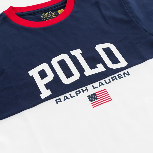 【RALPH LAUREN】印花文字logo及國旗圖案 短袖 T-shirt(深藍/白/紅邊)(L)
